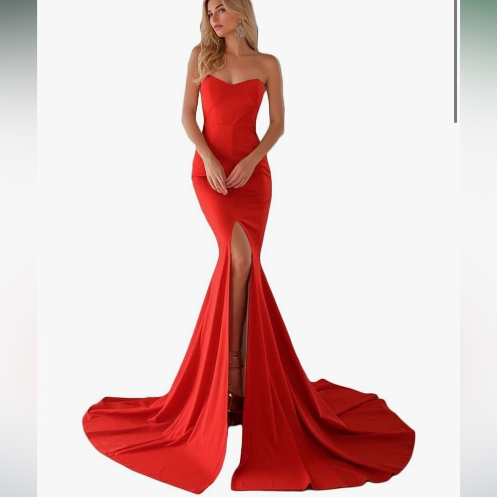 Red Strapless Evening Gown